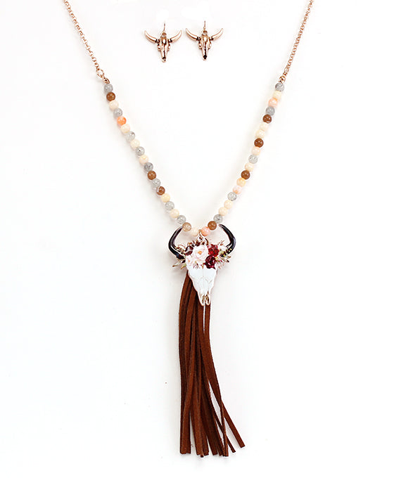 Floral Steer Head w/ Tassel Necklace Set