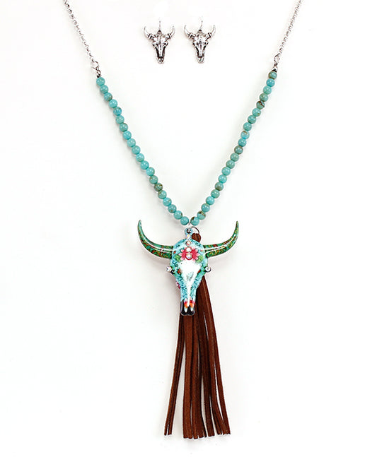 Floral Steer Head w/ Tassel Necklace Set