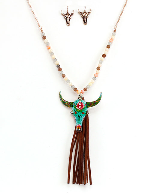 Floral Steer Head w/ Tassel Necklace Set