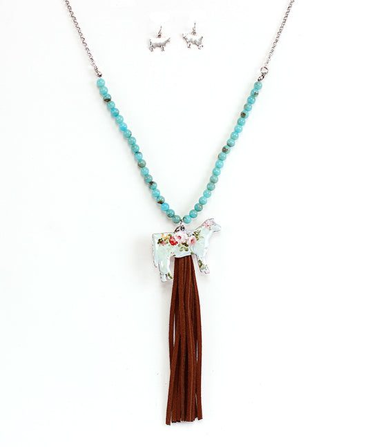 Floral Cow w/ Tassel Necklace Set