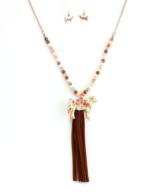 Floral Cow w/ Tassel Necklace Set