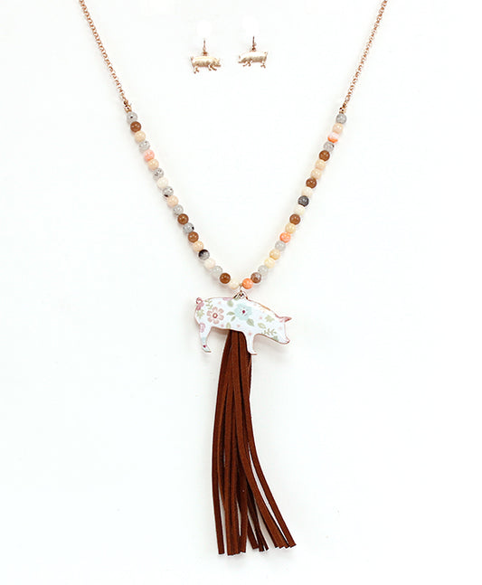 Floral Pig w/ Tassel Necklace Set