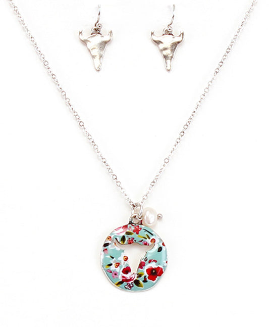 Floral Steer Head Cutout Necklace Set