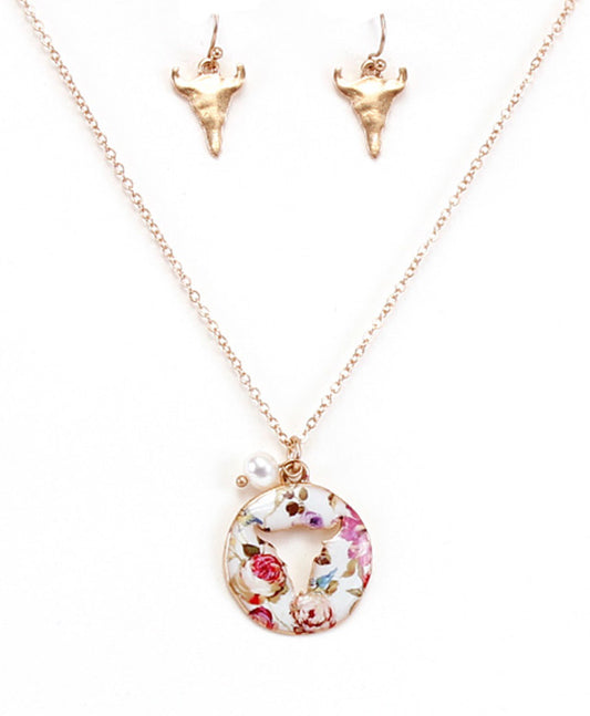 Floral Steer Head Cutout Necklace Set