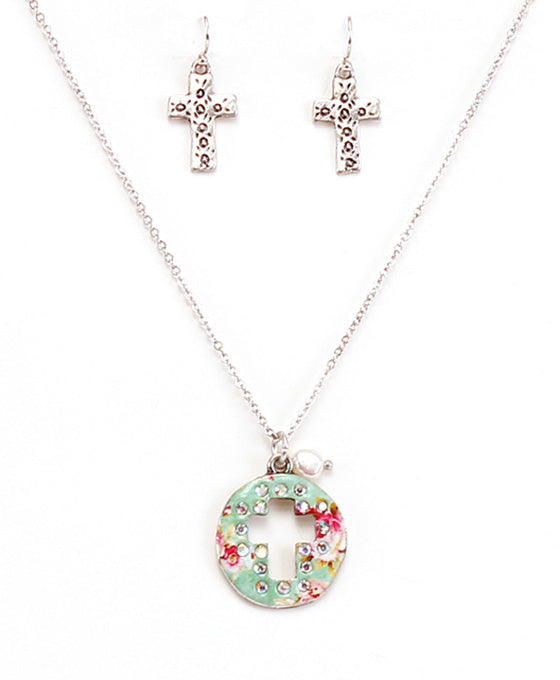 Dainty Floral Cross Cutout Necklace Set