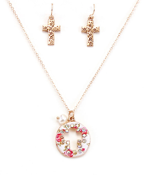 Dainty Floral Cross Cutout Necklace Set