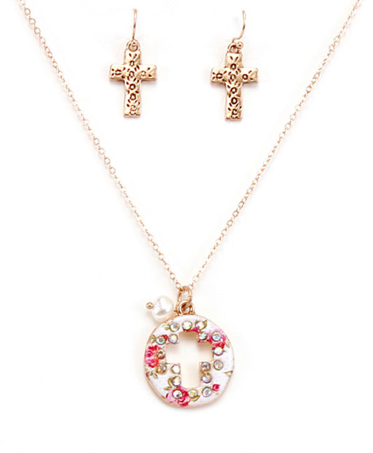 Dainty Floral Cross Cutout Necklace Set