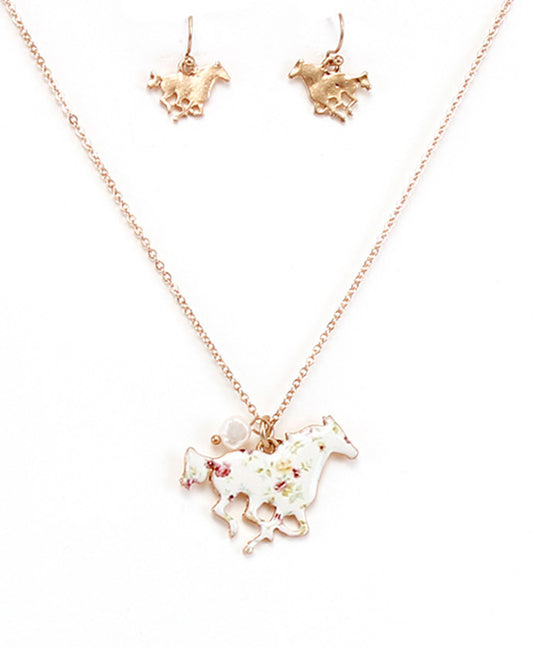 Dainty Floral Horse Necklace Set