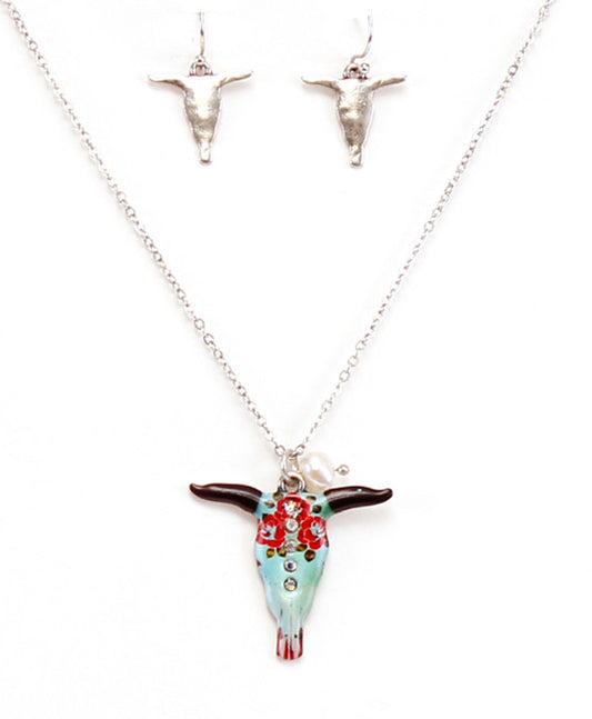 Dainty Floral Steer Head Necklace Set