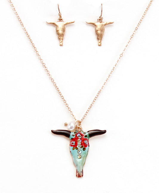 Dainty Floral Steer Head Necklace Set