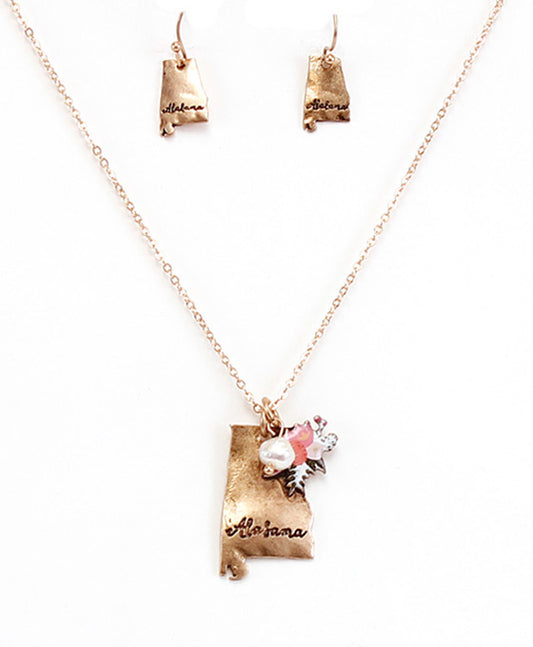 Alabama State Map Script Floral Necklace Set