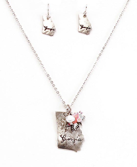 Georgia State Map Script Floral Necklace Set