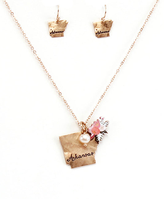 Arkansas State Map Script Floral Necklace Set