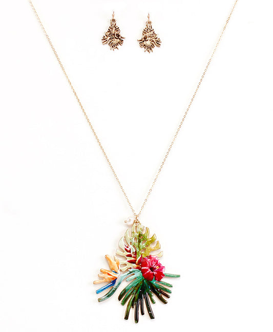 Tropical Leaf Print Necklace Set