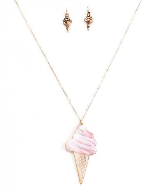 Pink Ice Cream Cone Print Necklace Set