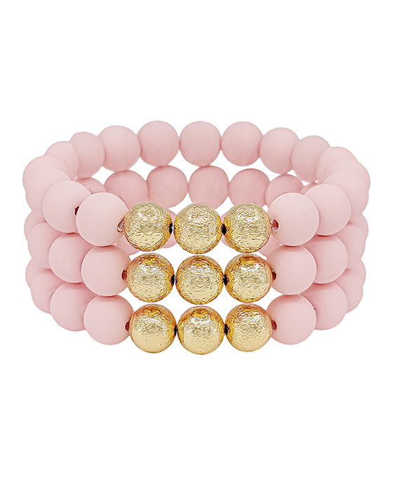 3 Set Satin Ball Accent Clay Stretch Bracelet