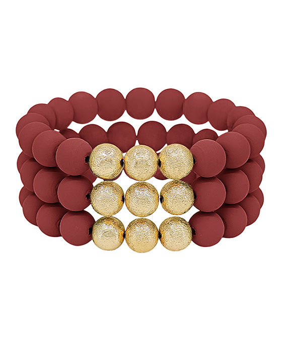 3 Set Satin Ball Accent Clay Stretch Bracelet