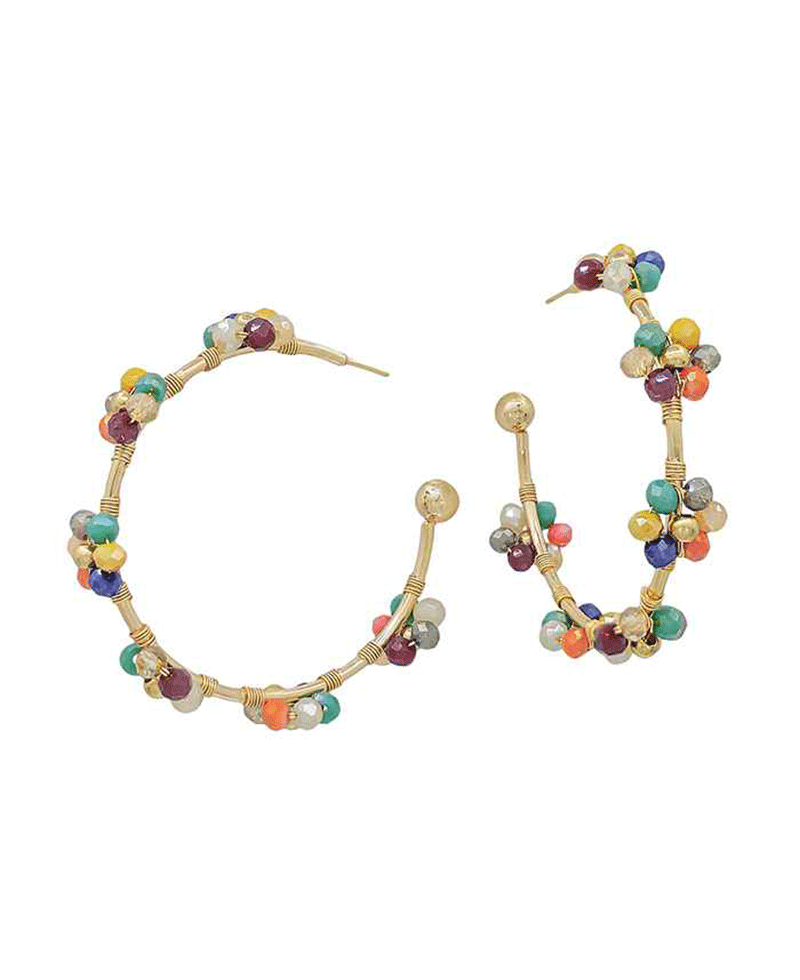 Metal Hoop w/ Flower Beads Earring - 1.8"