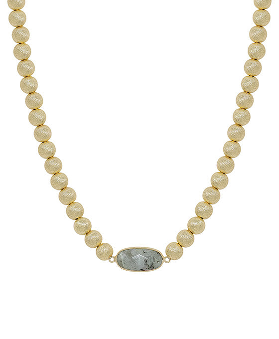 Oval Shape Natural Stone Accent Satin Ball Necklace