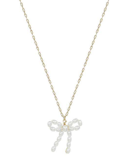 25mm Rice Shape Pearl Ribbon Pendant Short Necklace