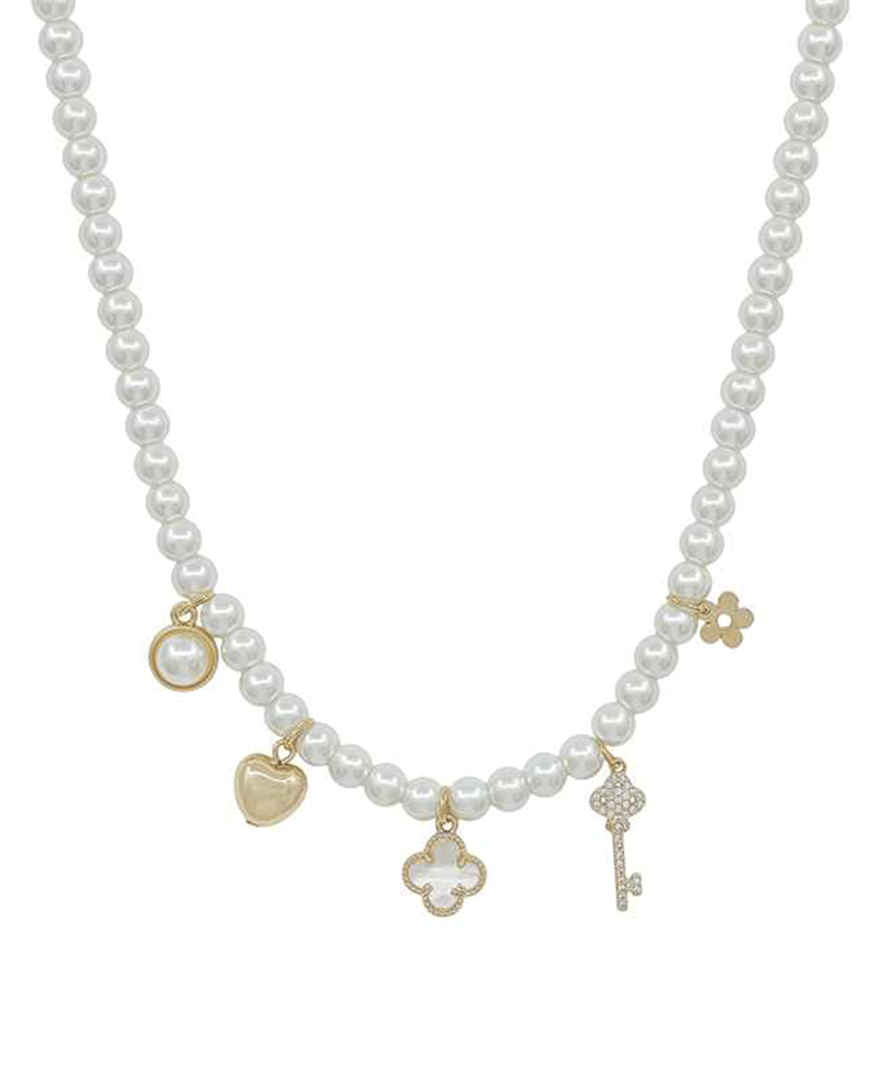 6mm Glass Pearl Body w/ Multi Charm Short Necklace